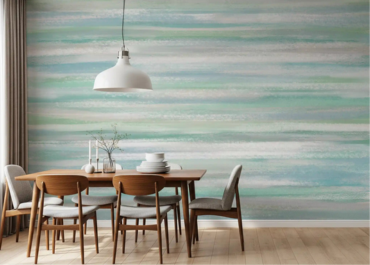Serene Water Hues wall mural across a dining room in pale mint and grey