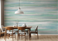 Serene Water Hues wall mural across a dining room in pale mint and grey