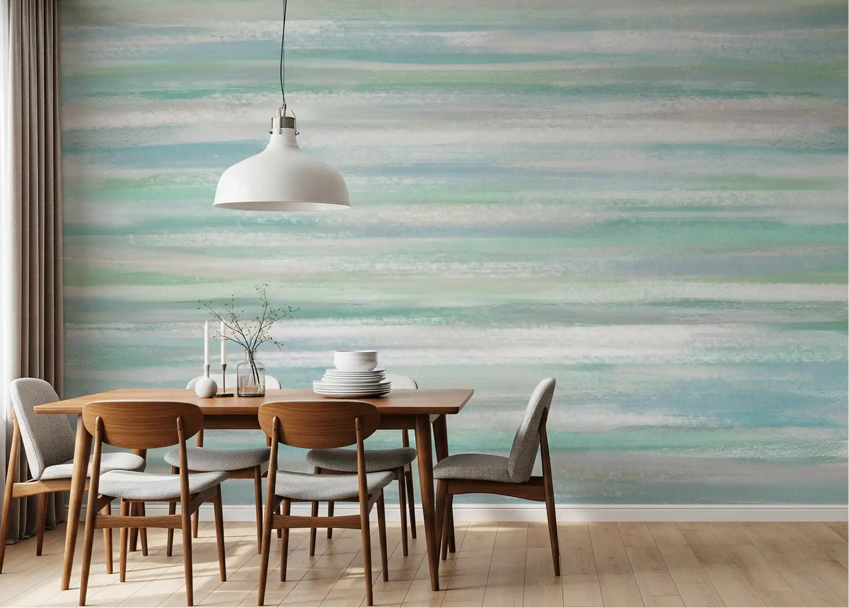 Serene Water Hues wall mural across a dining room in pale mint and grey