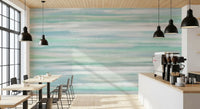 Horizontal stripe wall mural across a Café area in cool coastal tones