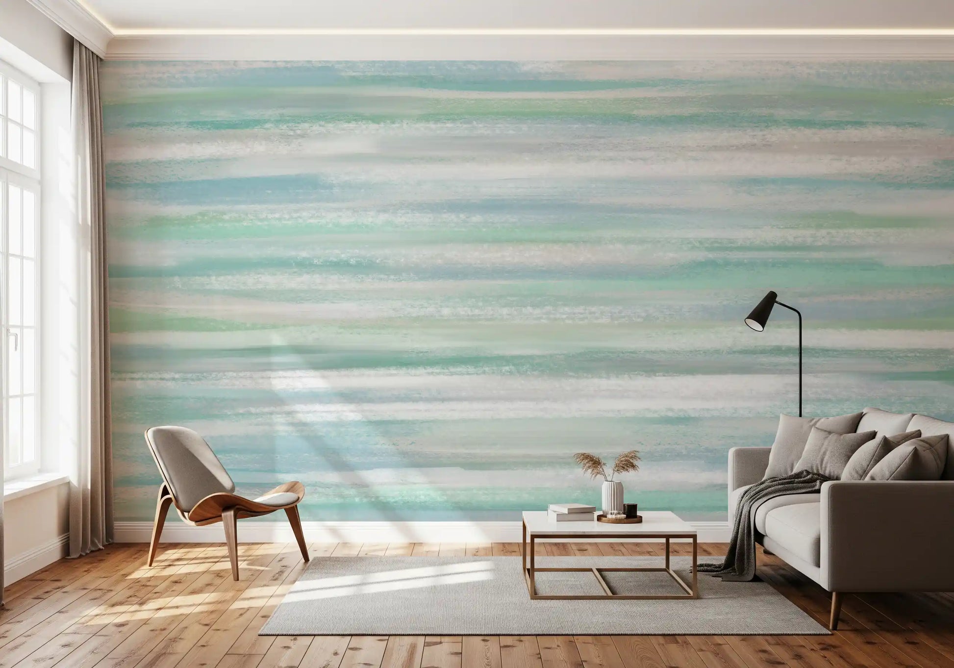 Pale watercolour wall mural on a living room feature surface in mint and grey