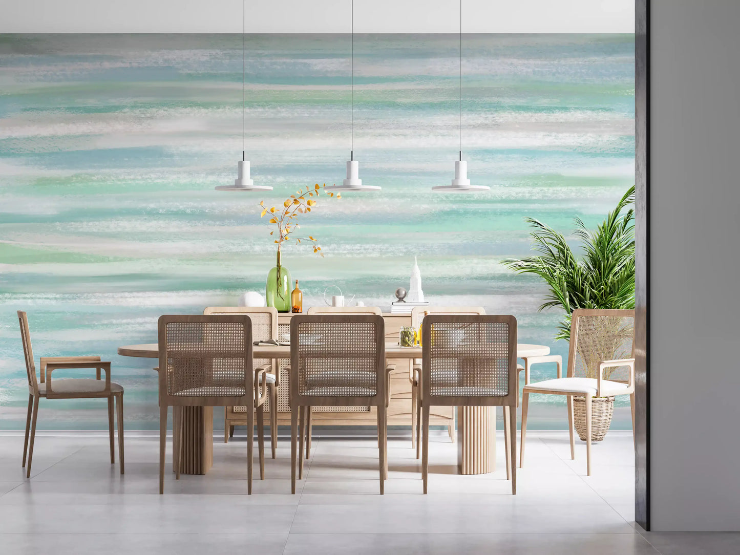 Serene Hues wall mural installed along a dining room back surface in pale blue