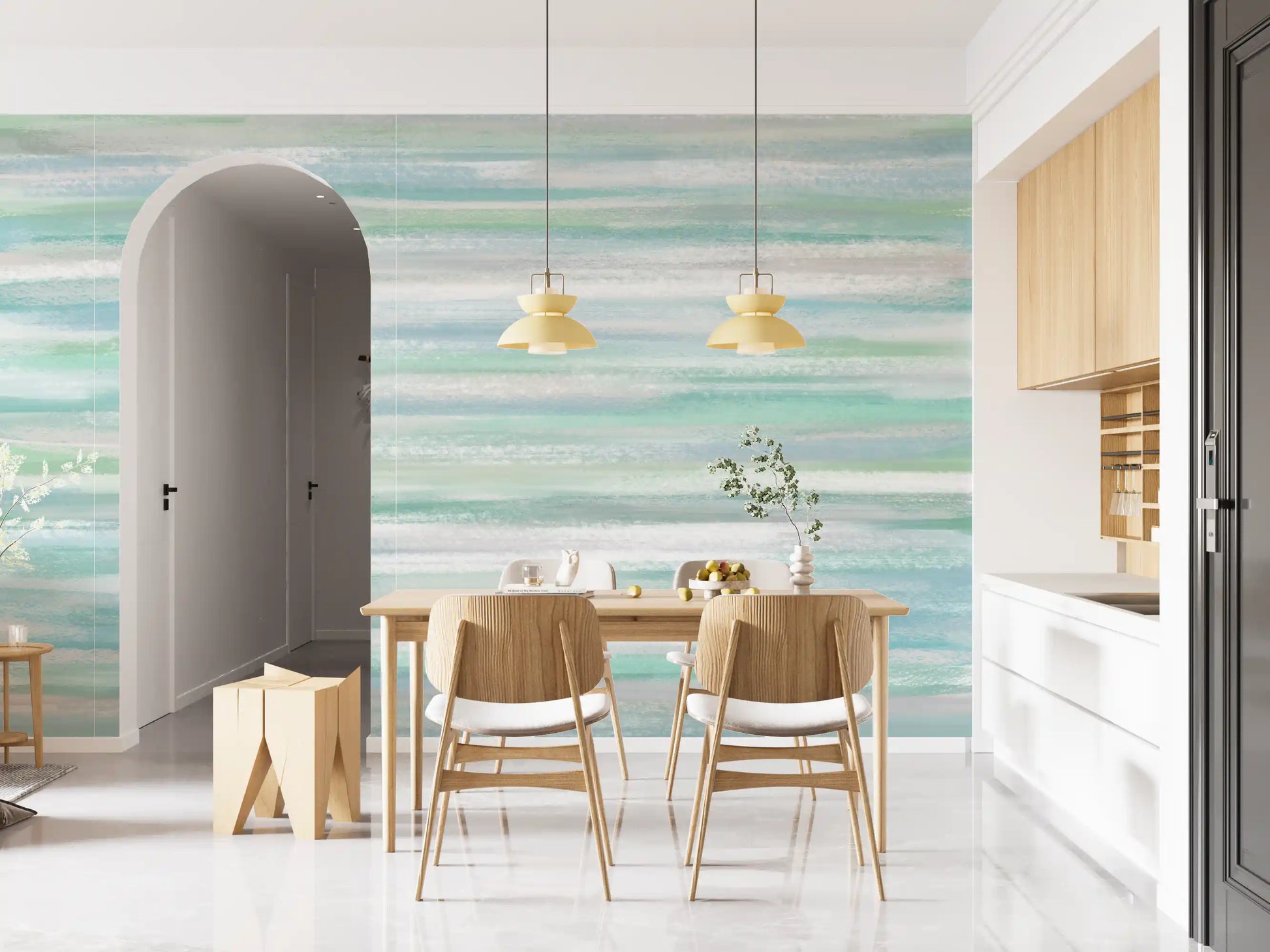 Full-width horizontal stripe pattern in the Water Hues wall mural on grey ground