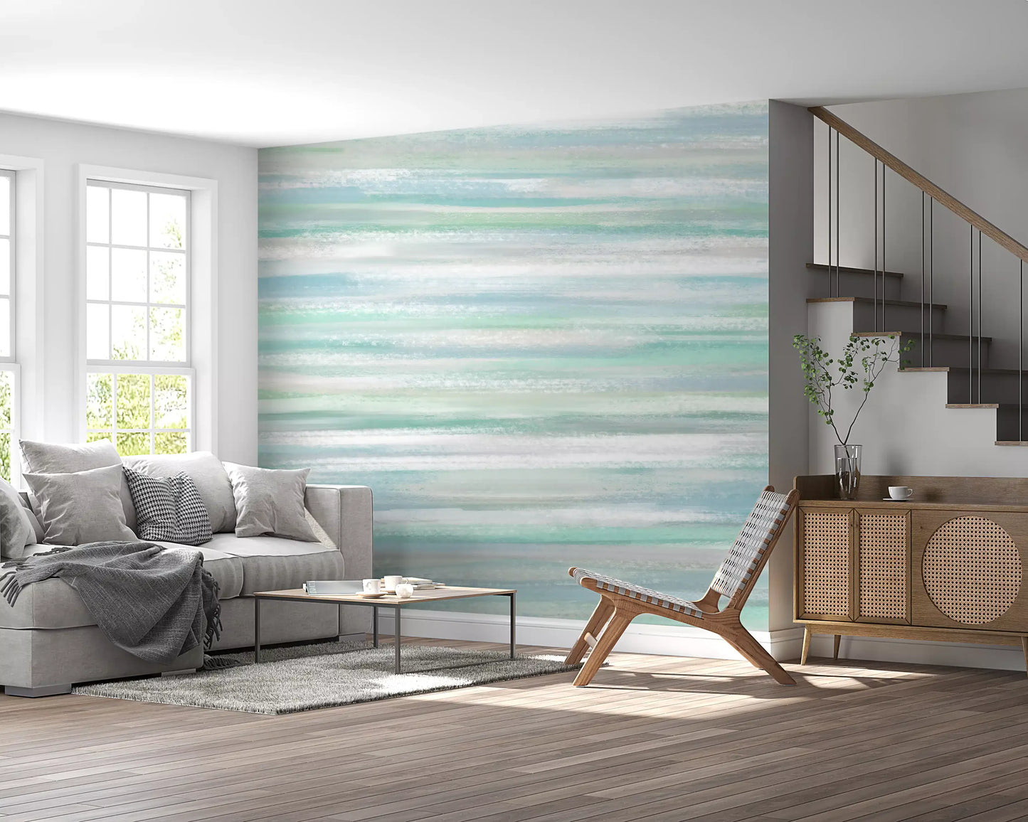 Blended mint and grey tones layered through the Serene Hues wall mural