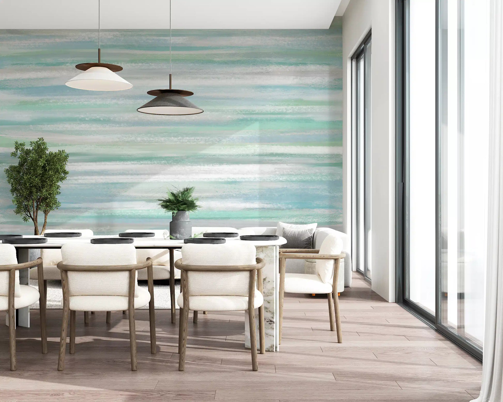Coastal hues wall mural spanning an open Dining room in blue and mint tones
