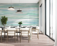 Coastal hues wall mural spanning an open Dining room in blue and mint tones
