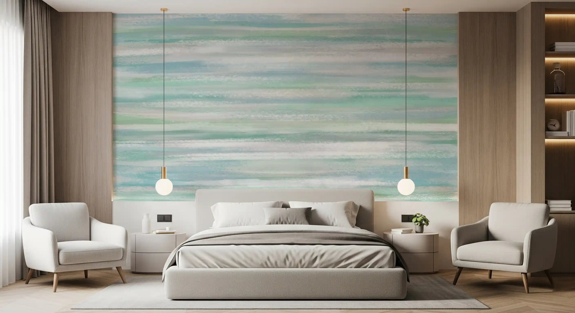Water Hues wall mural filling a bedroom  feature surface in blue and mint
