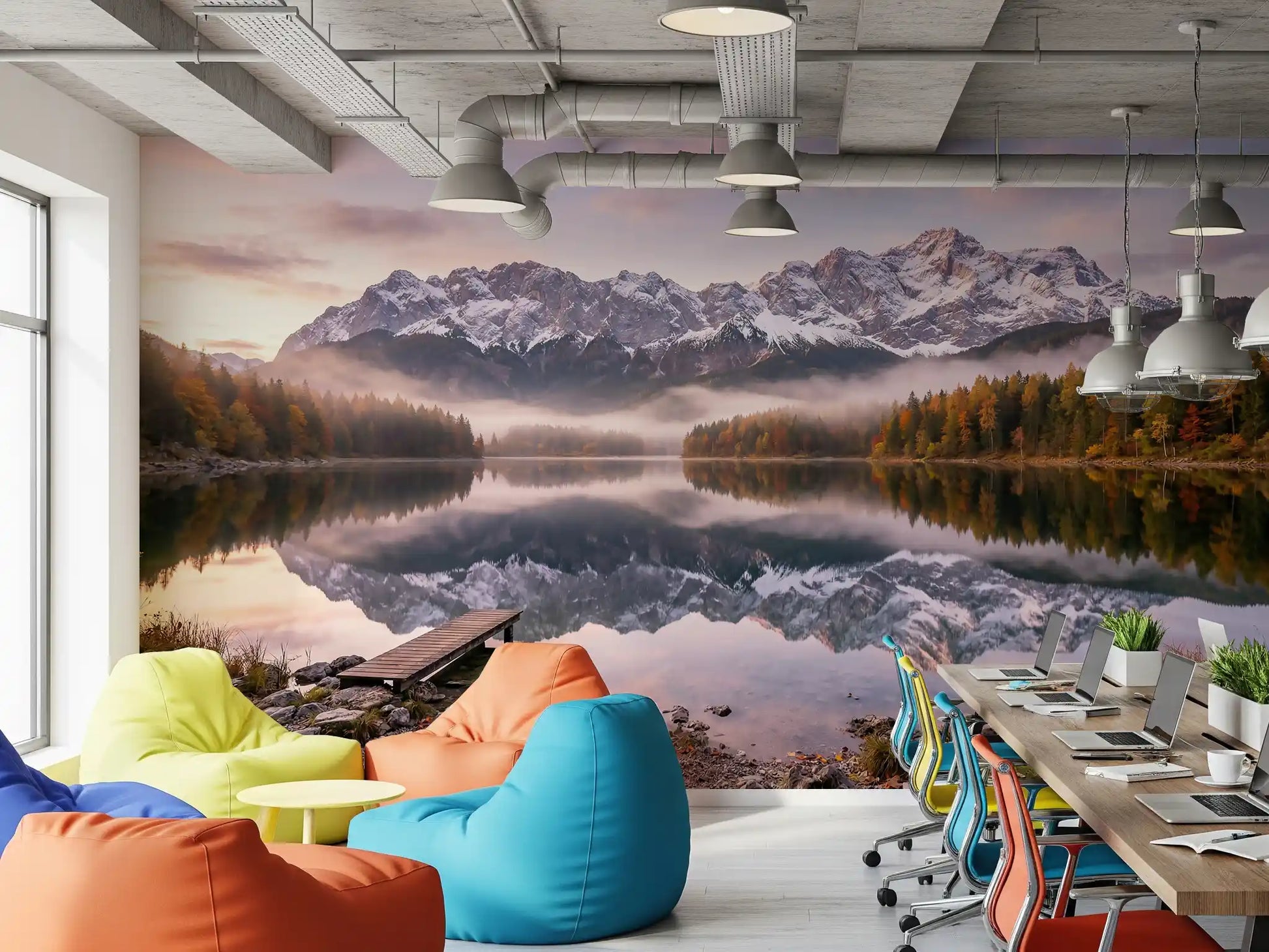 Office workplace setting with the alpenglow reflection wall mural in full view
