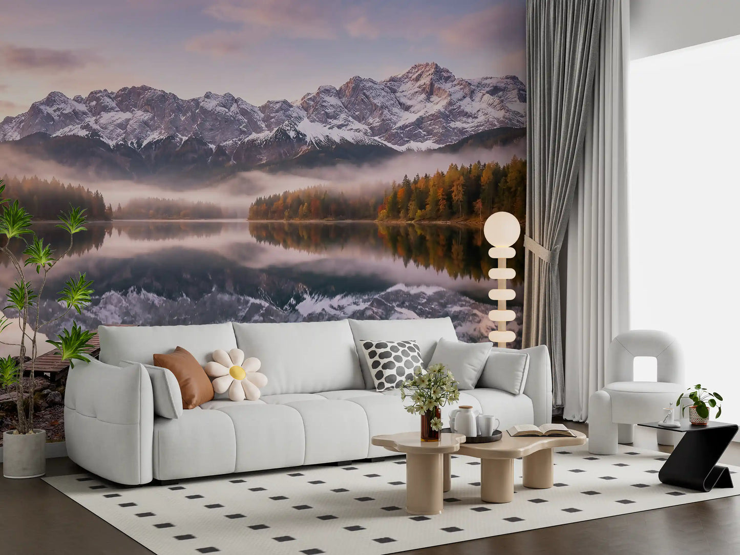 Living room featuring the alpenglow lake reflection wall mural in calm tones