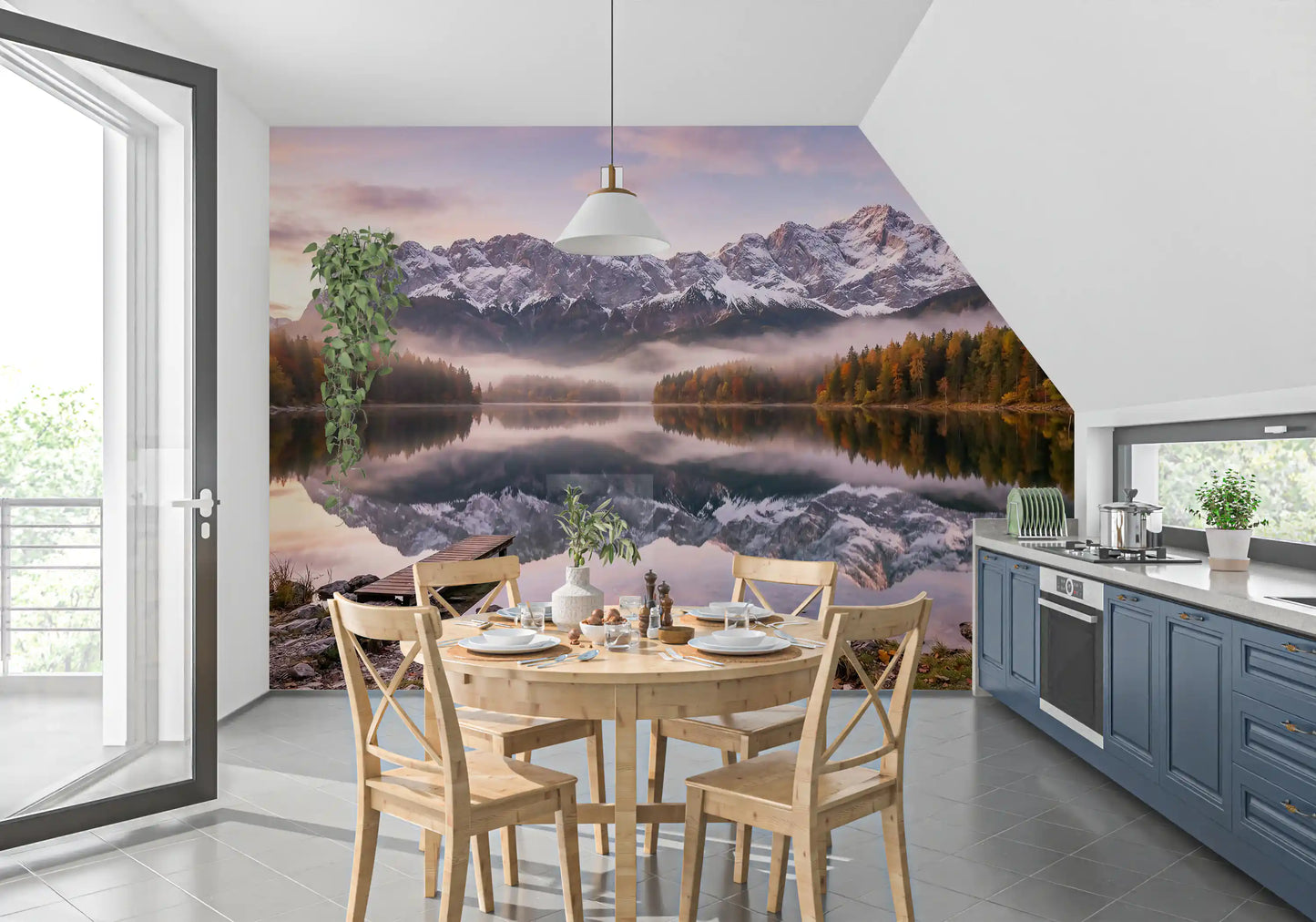 Wooden dock extending into the still lake on the alpenglow wall mural