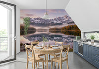 Wooden dock extending into the still lake on the alpenglow wall mural