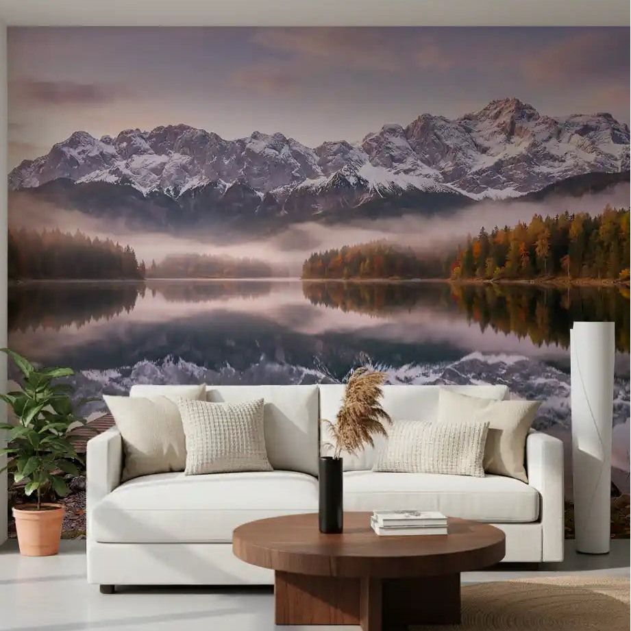 Alpenglow Lake Reflection wall mural displayed in an open living room