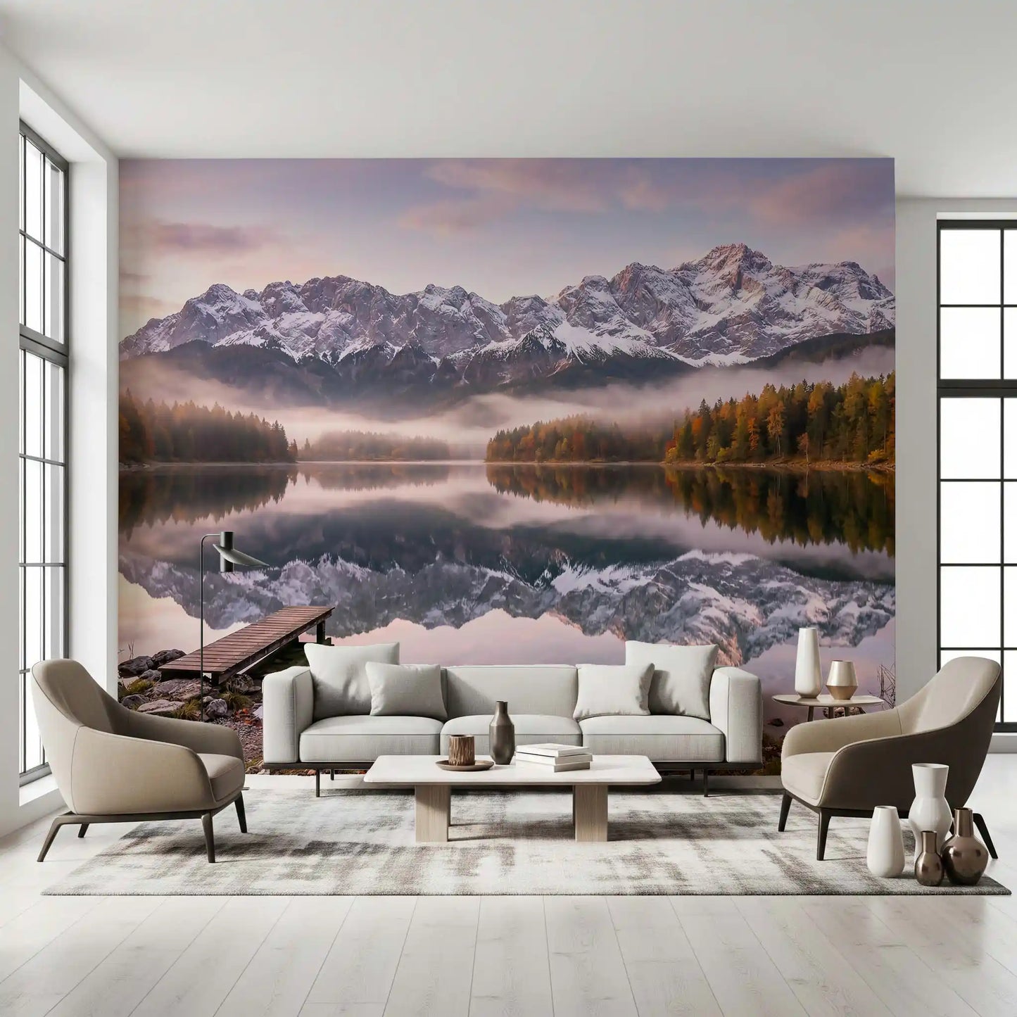 Wooden dock extending into the still lake on the alpenglow wall mural