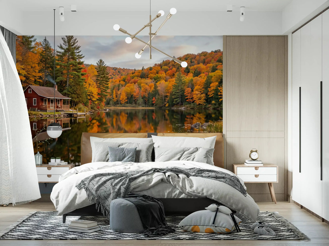 Fall lake cabin wall mural covering a bedroom in rich autumn foliage colours