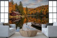 Lakeside Dream wall mural across a lounge in burnt gold and forest green