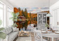 Fall foliage reflection wall mural in a dining room in layered amber and orange
