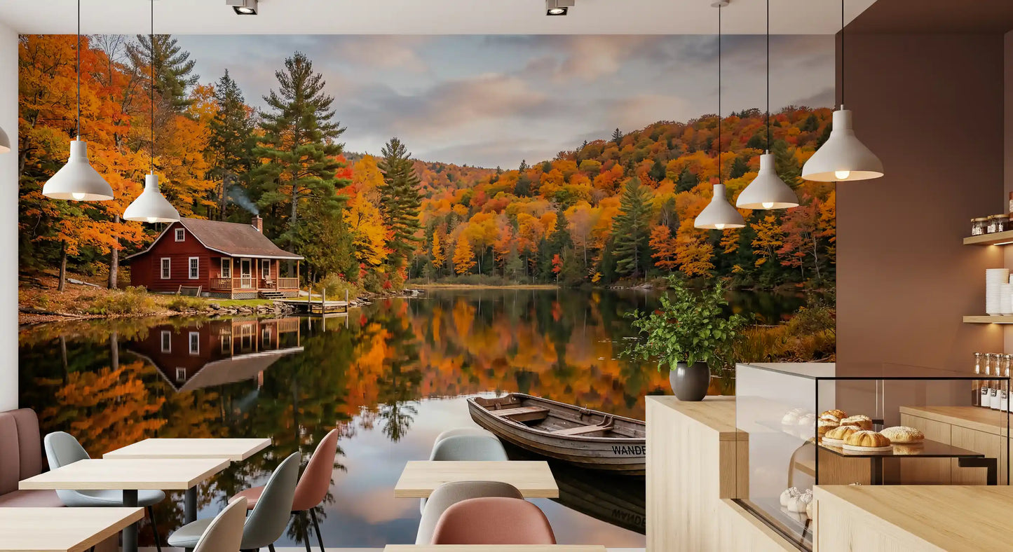 Autumn cabin lake wall mural lining a Café in warm fall amber tones