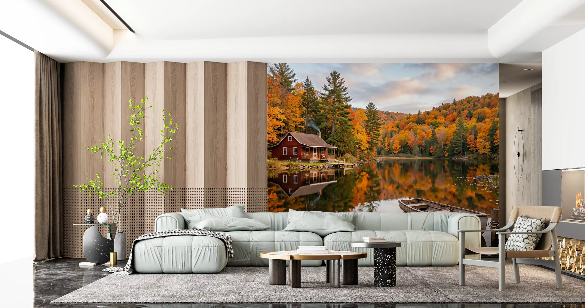 Wooden rowboat docked in the foreground of the Lakeside Dream wall mural