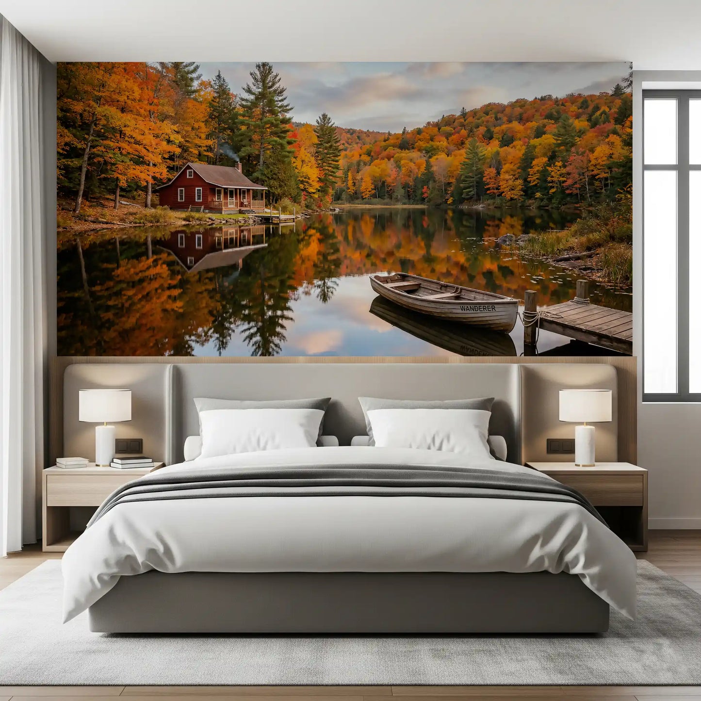 Autumn foliage reflection wall mural across a master bedroom in deep orange and red