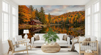 Red cabin and still lake reflection on the Autumn Lakeside wall mural