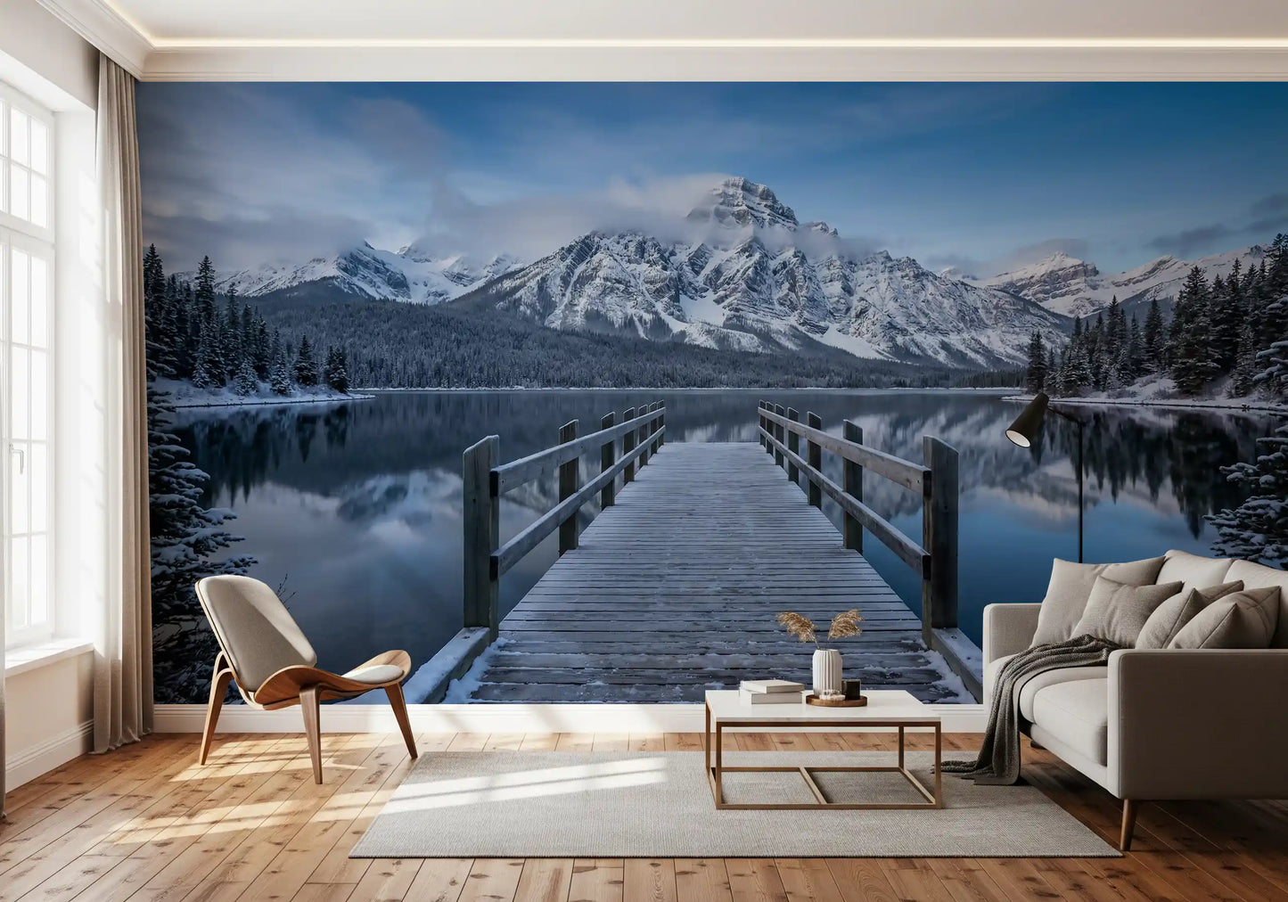 Snowscape wall mural behind a Living room feature surface in deep wintry blue