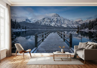 Snowscape wall mural behind a Living room feature surface in deep wintry blue