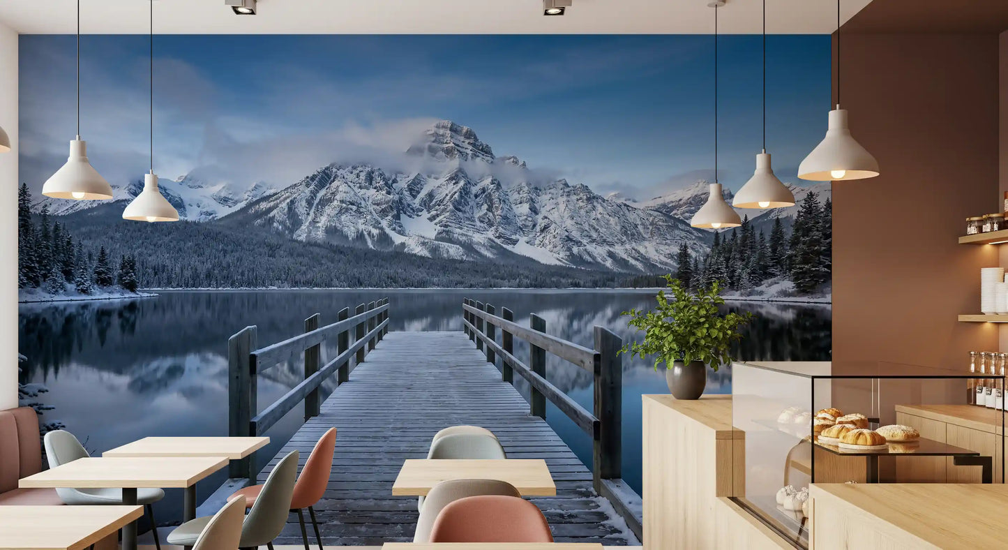 Lake Serenity wall mural across a cafe and restaurant in grey and blue tones