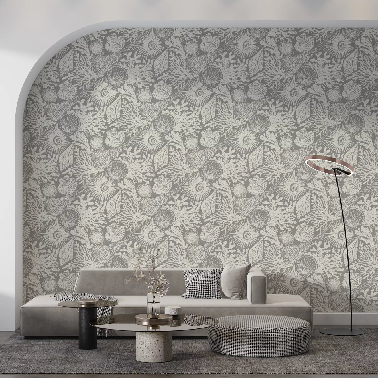 Boho Seashell & Coral Gray Wallpaper⁠