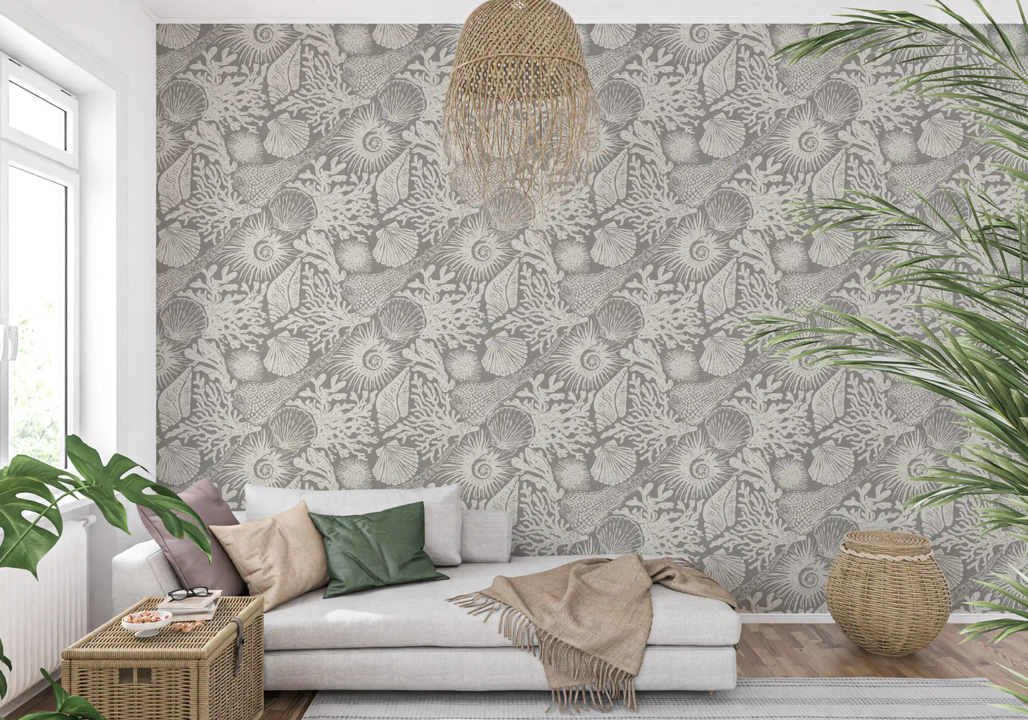 Boho Seashell & Coral Gray Wallpaper⁠