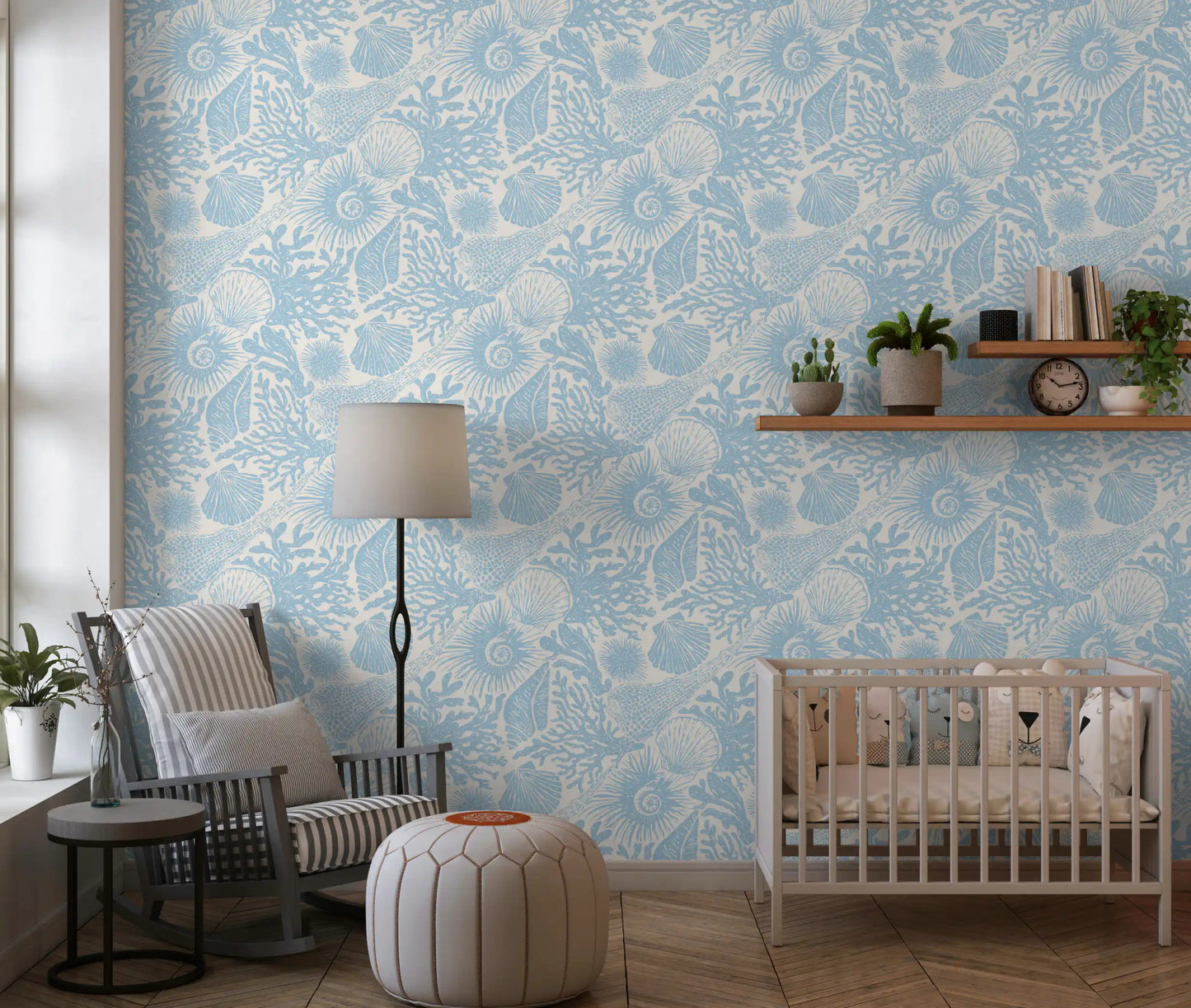Sea urchin and coral branch motifs on the Seashell Coral wallpaper