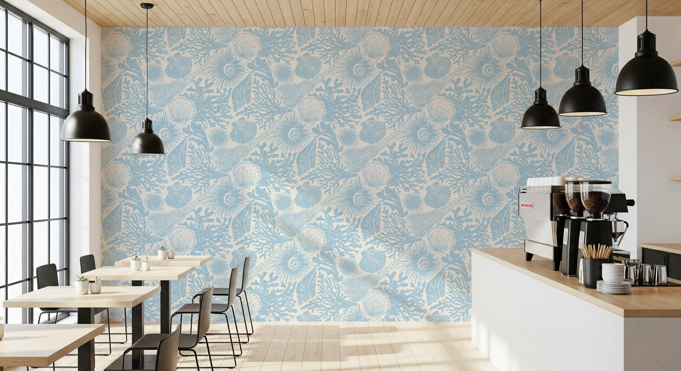 Boho Seashell & Coral Soft Blue Wallpaper⁠
