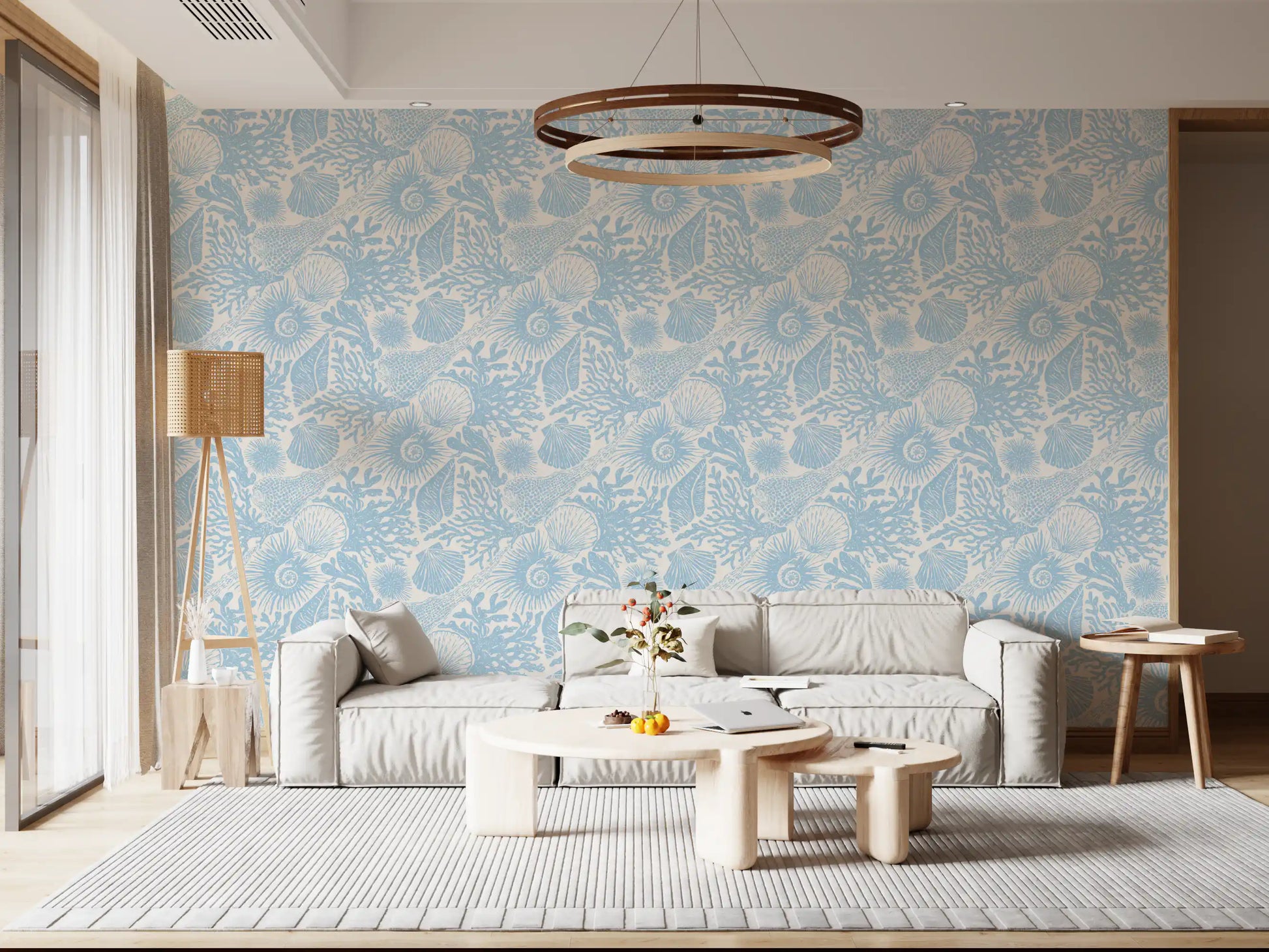 Full repeat view of Boho Seashell Coral soft blue wallpaper on cream