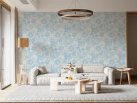 Full repeat view of Boho Seashell Coral soft blue wallpaper on cream