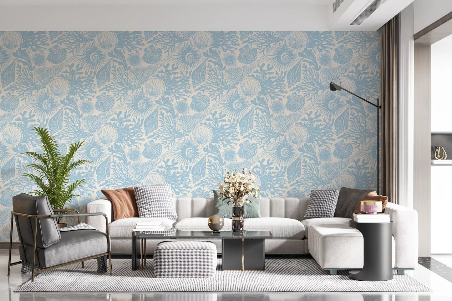 Boho Seashell Coral soft blue wallpaper in a hallway with a cream ground