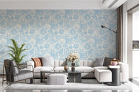 Boho Seashell Coral soft blue wallpaper in a hallway with a cream ground