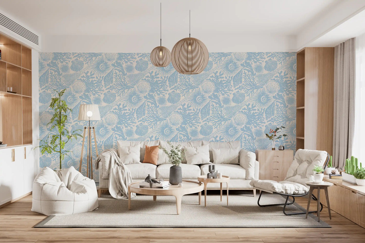Seashell and coral wallpaper spanning a Living room in light powder blue and white