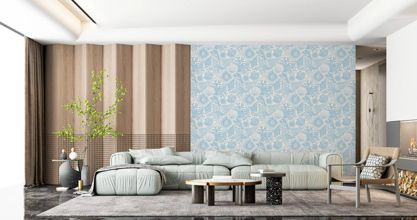 Boho Seashell wallpaper across a lounge in soft coastal blue tones