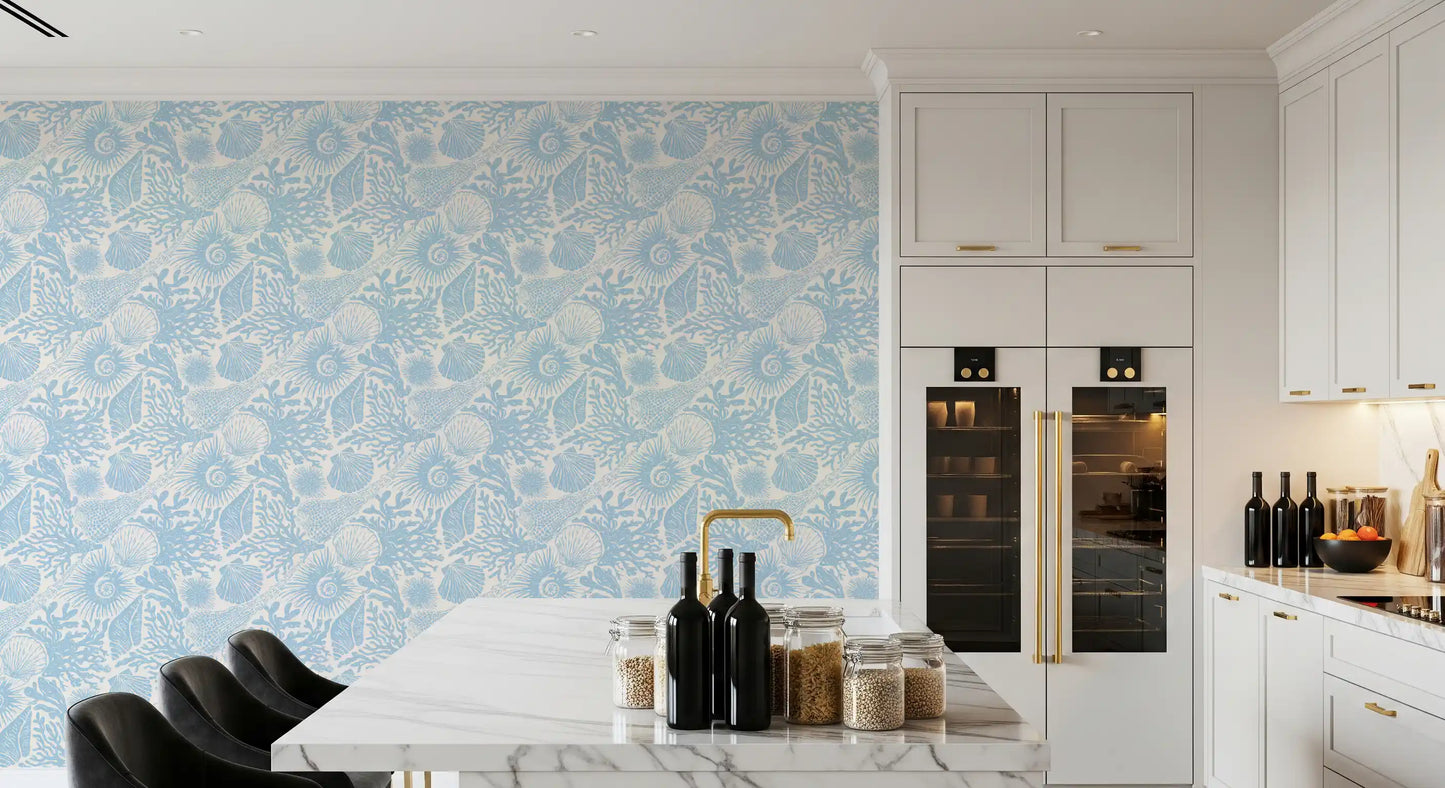 Two-colour powder blue and cream swatch of the Boho Seashell wallpaper