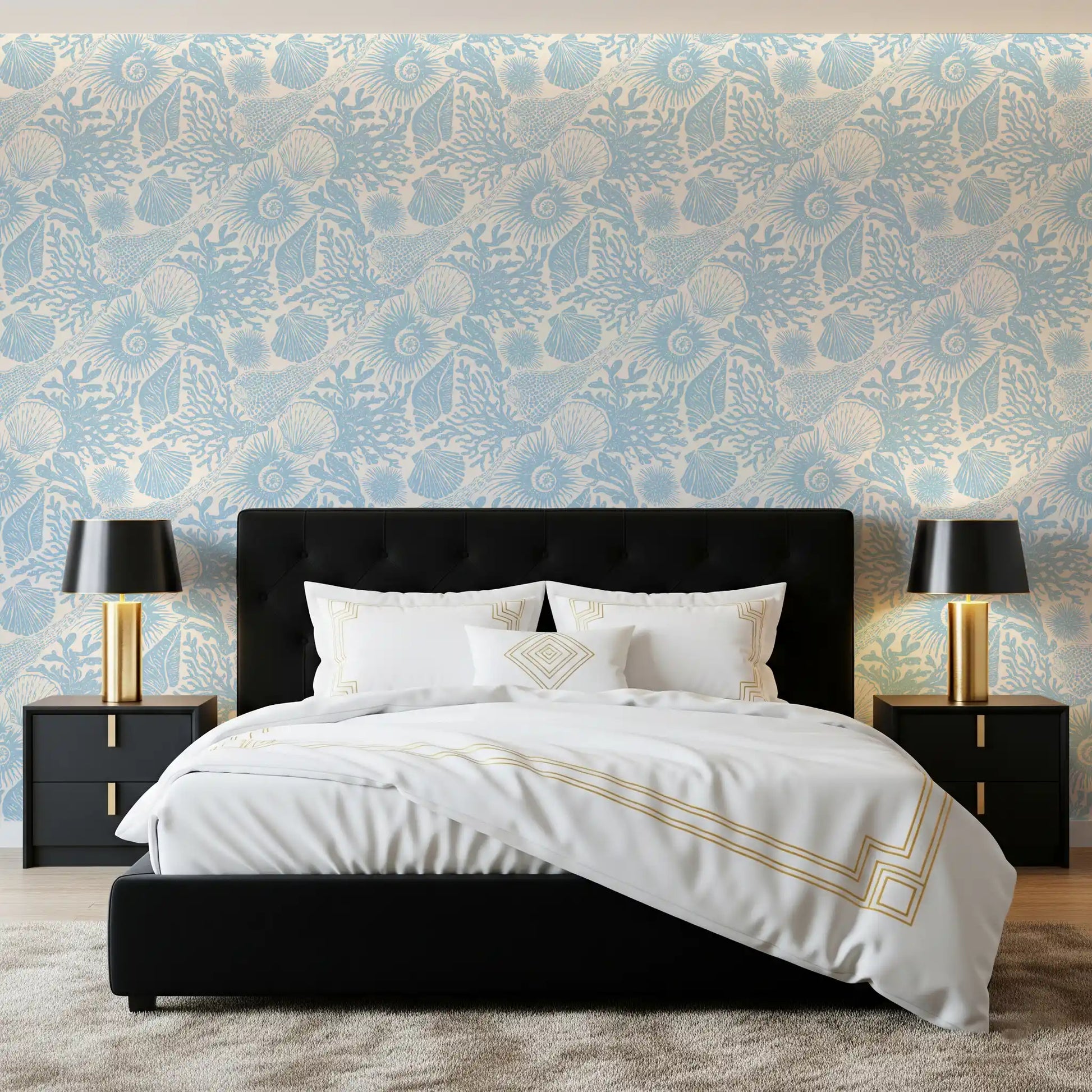 Scallop shell detail on the Boho Seashell Coral wallpaper surface