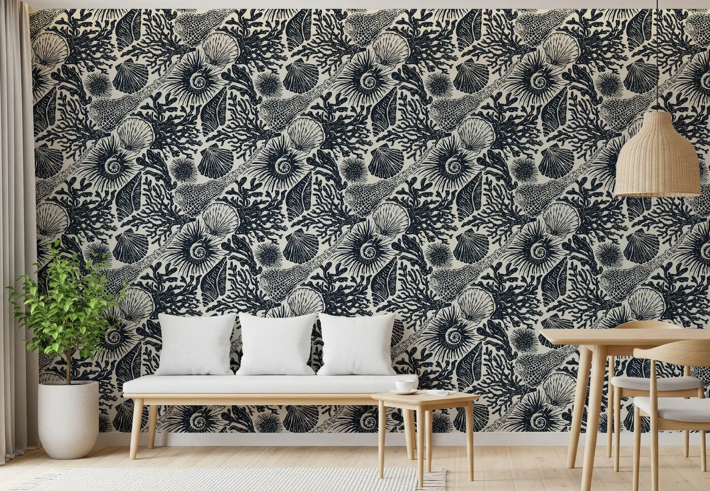 Deep navy and ivory all-over coral repeat on the Boho Seashell wallpaper