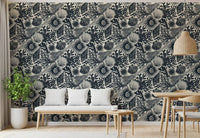 Deep navy and ivory all-over coral repeat on the Boho Seashell wallpaper