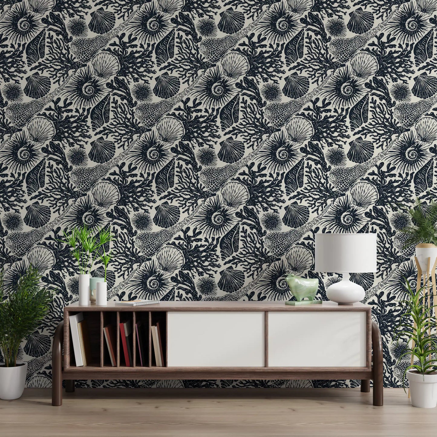 Coral and Seashell wallpaper across a hallway backdrops in midnight navy and cream