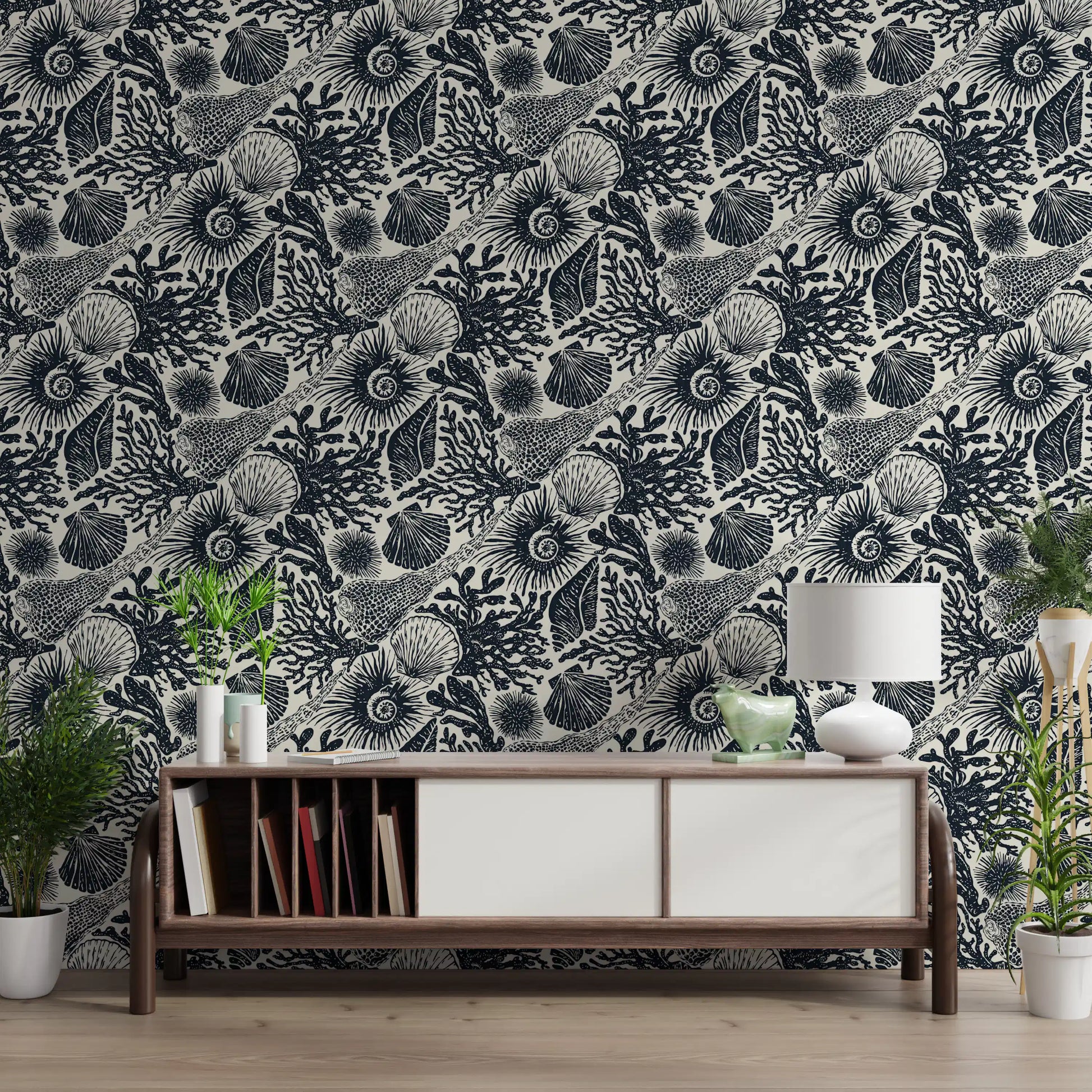 Coral and Seashell wallpaper across a hallway backdrops in midnight navy and cream
