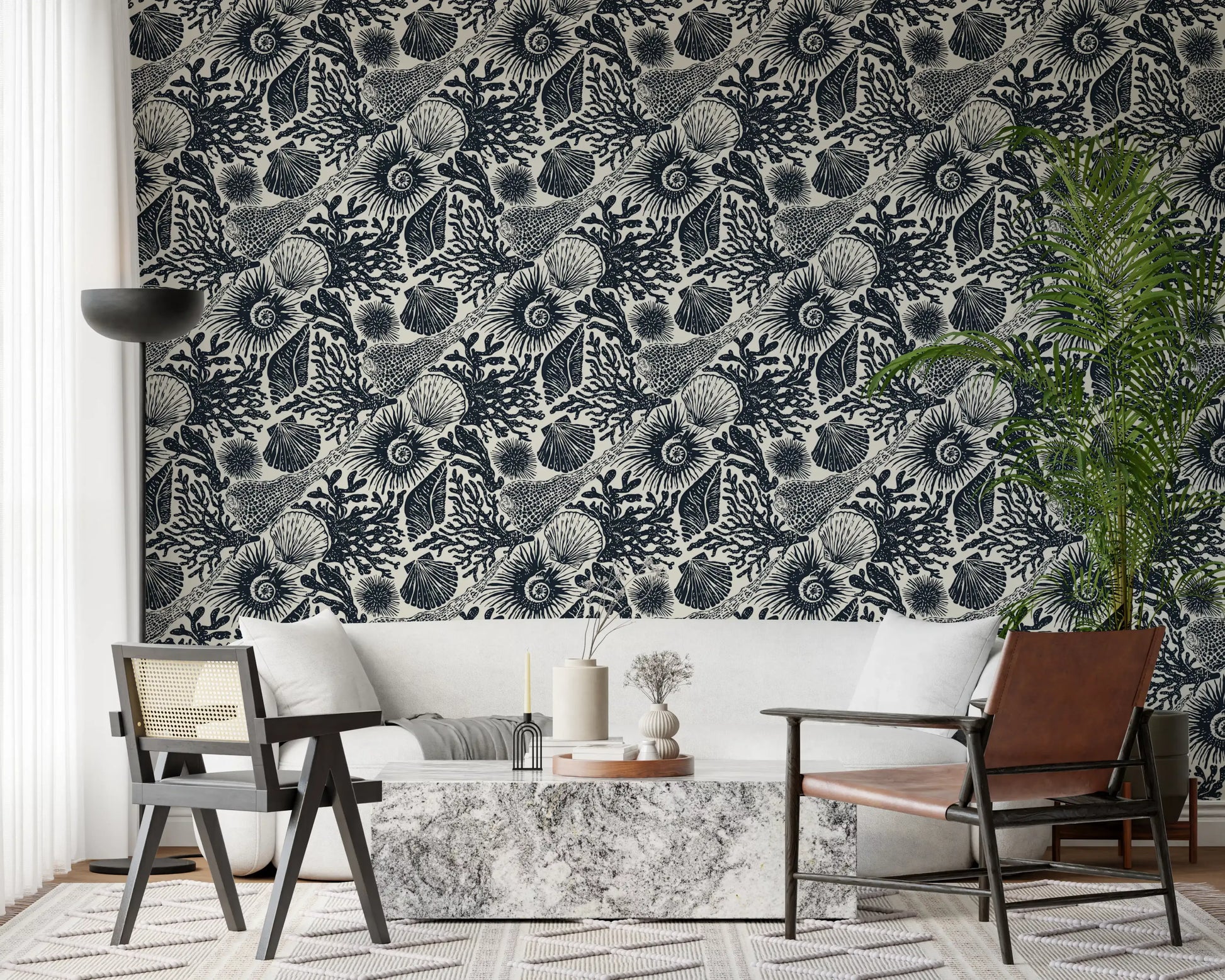 Scallop fan motifs interlocked with sea urchins in the Boho Seashell wallpaper
