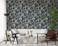Scallop fan motifs interlocked with sea urchins in the Boho Seashell wallpaper