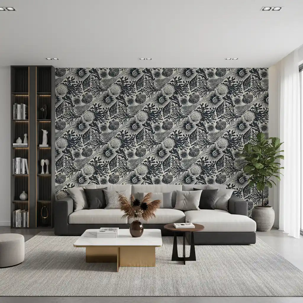 Midnight Blue Boho wallpaper on a living room back surface in navy and cream