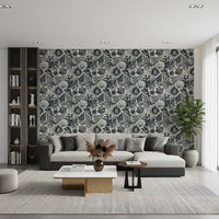Midnight Blue Boho wallpaper on a living room back surface in navy and cream