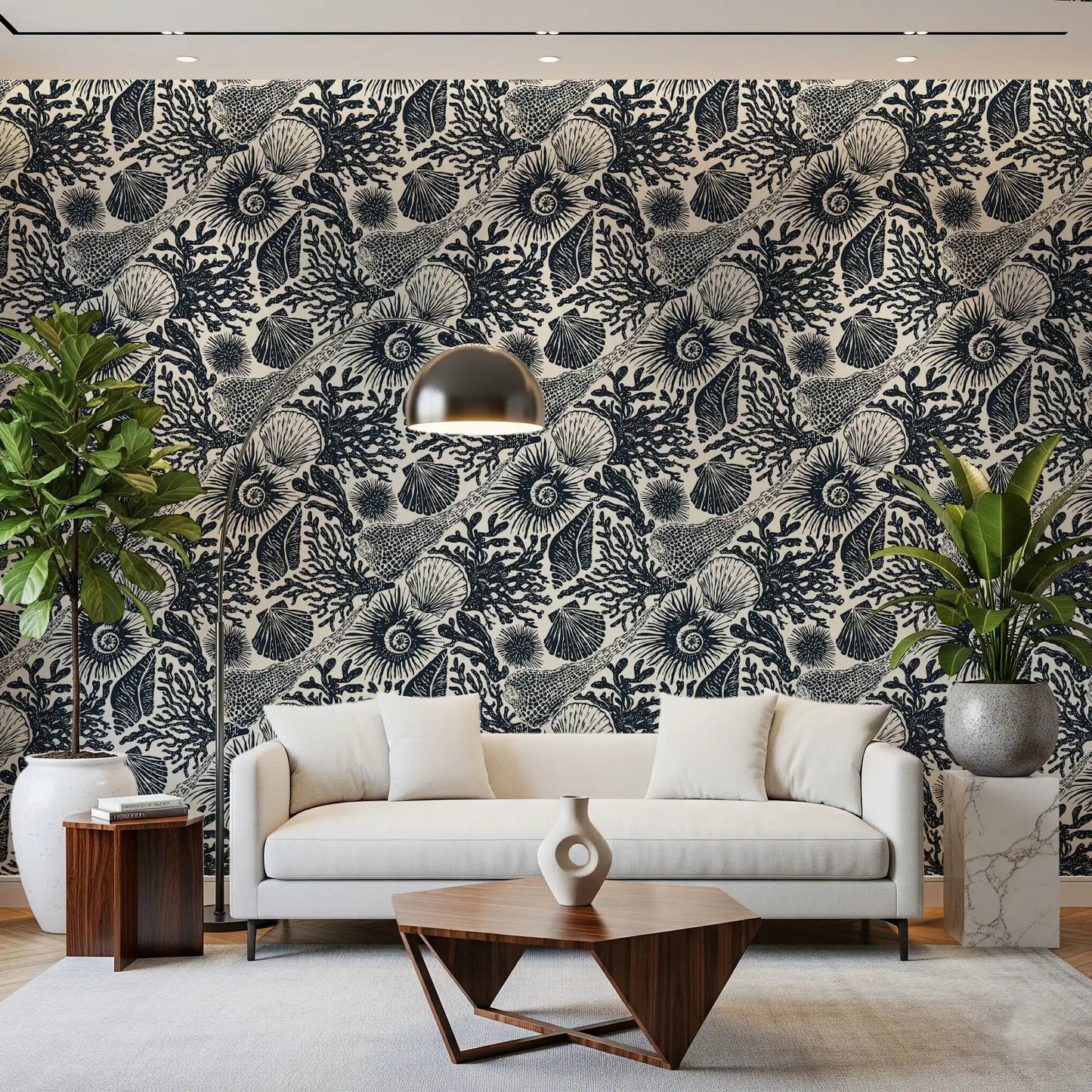 Boho Midnight wallpaper installed on a hallway back surface in dark navy