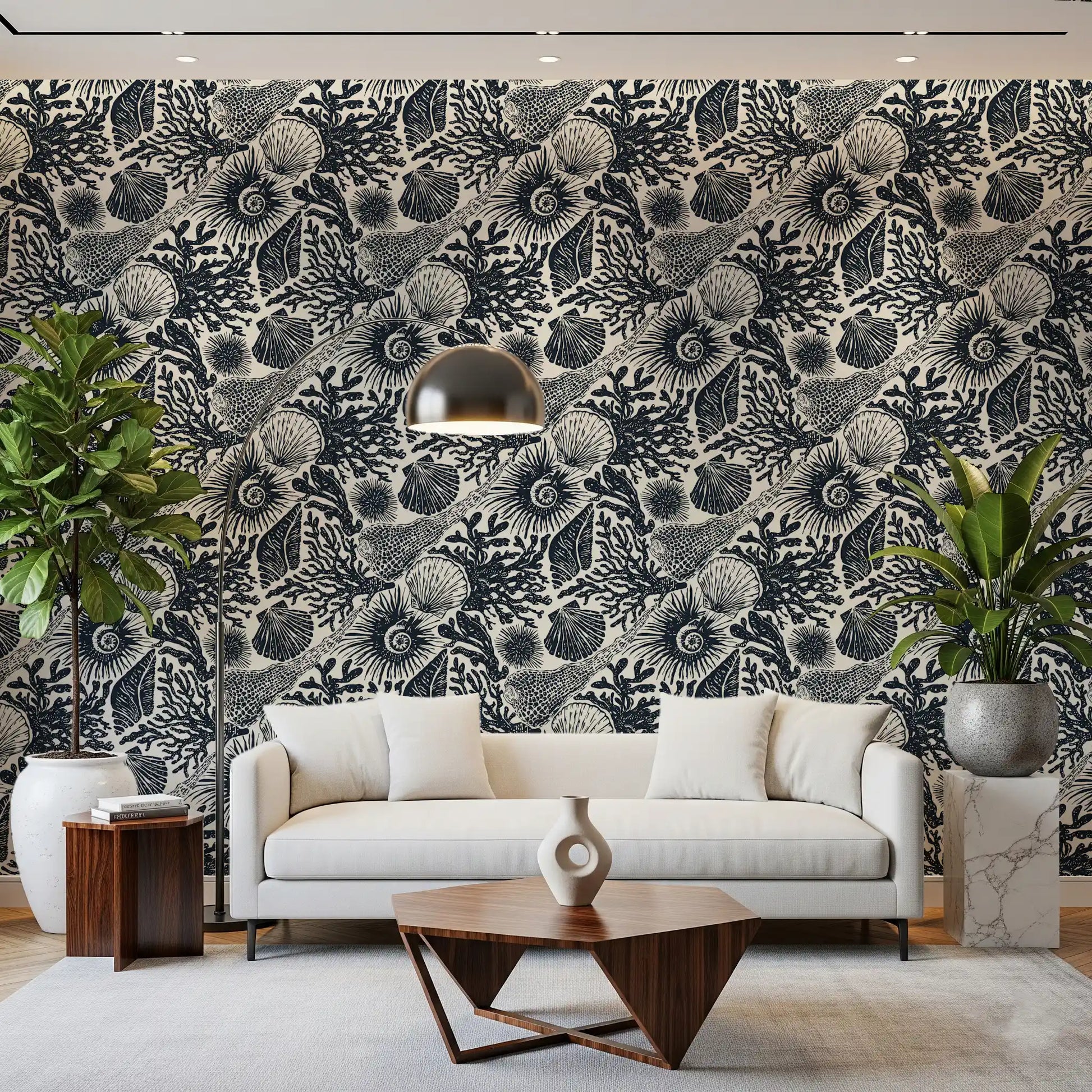 Boho Midnight wallpaper installed on a hallway back surface in dark navy