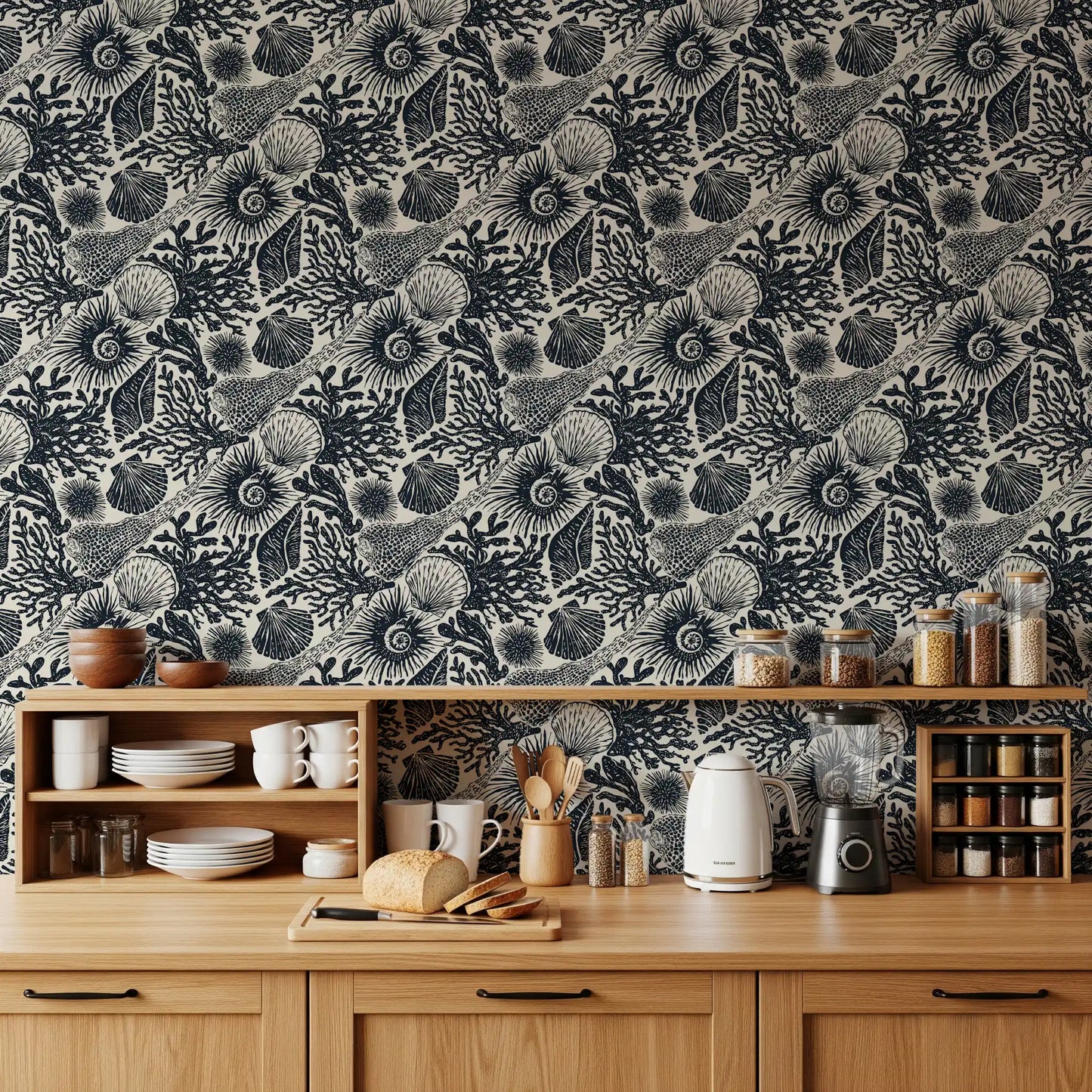 Detailed linocut-style seashell and coral pattern on Boho Midnight Blue wallpaper